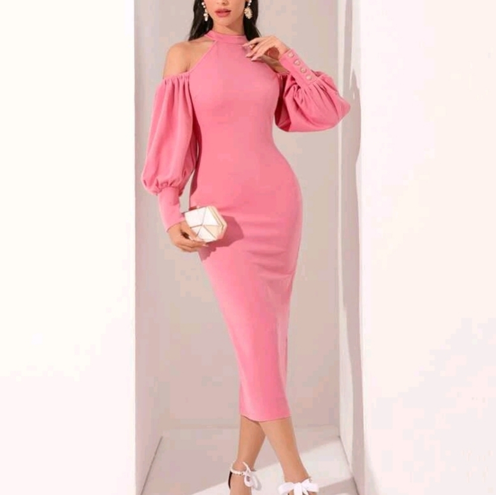 Modely Solid Cold Shoulder Bishop Sleeve Spl